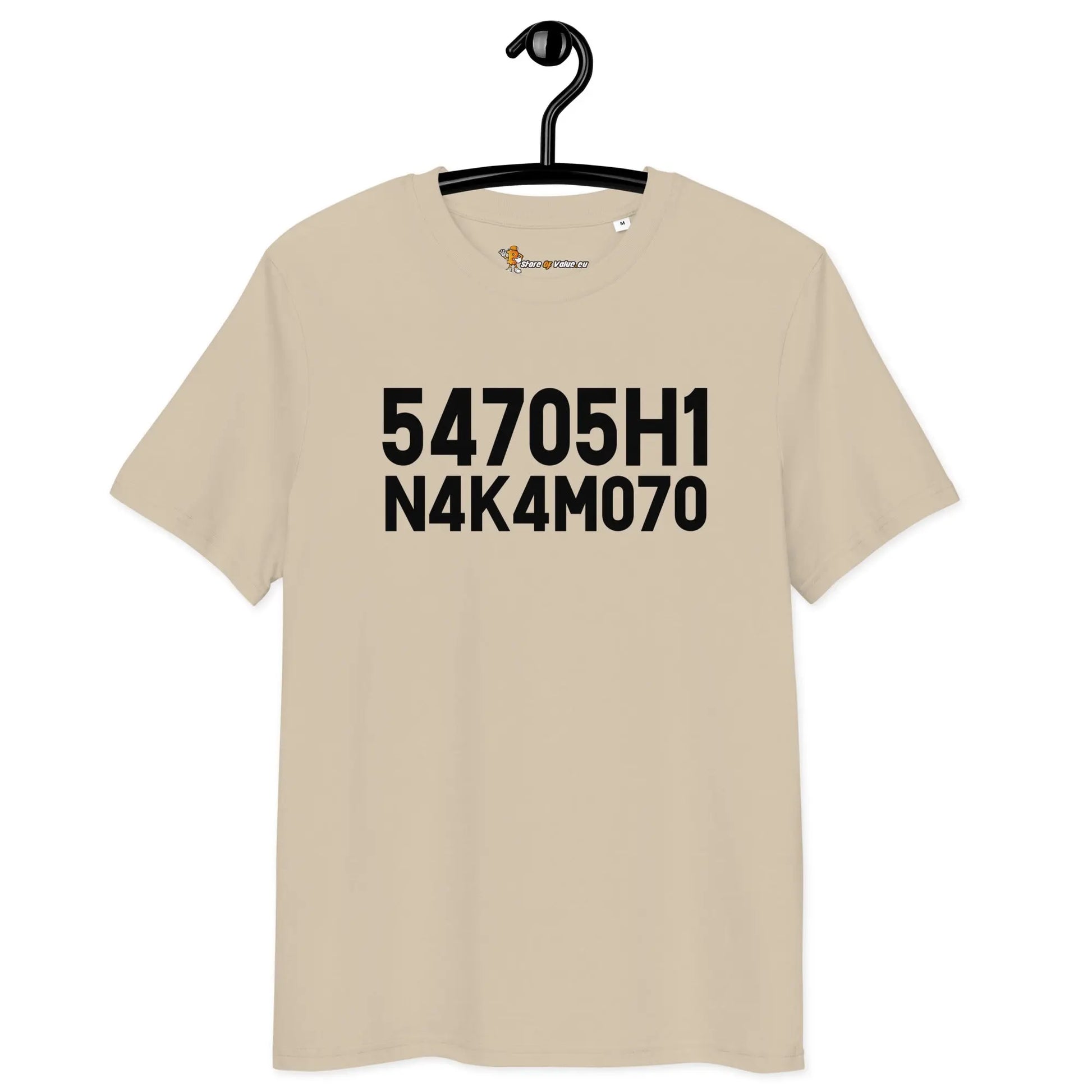 Bitcoin T-Shirt – Satoshi Nakamoto - on hanger - beige