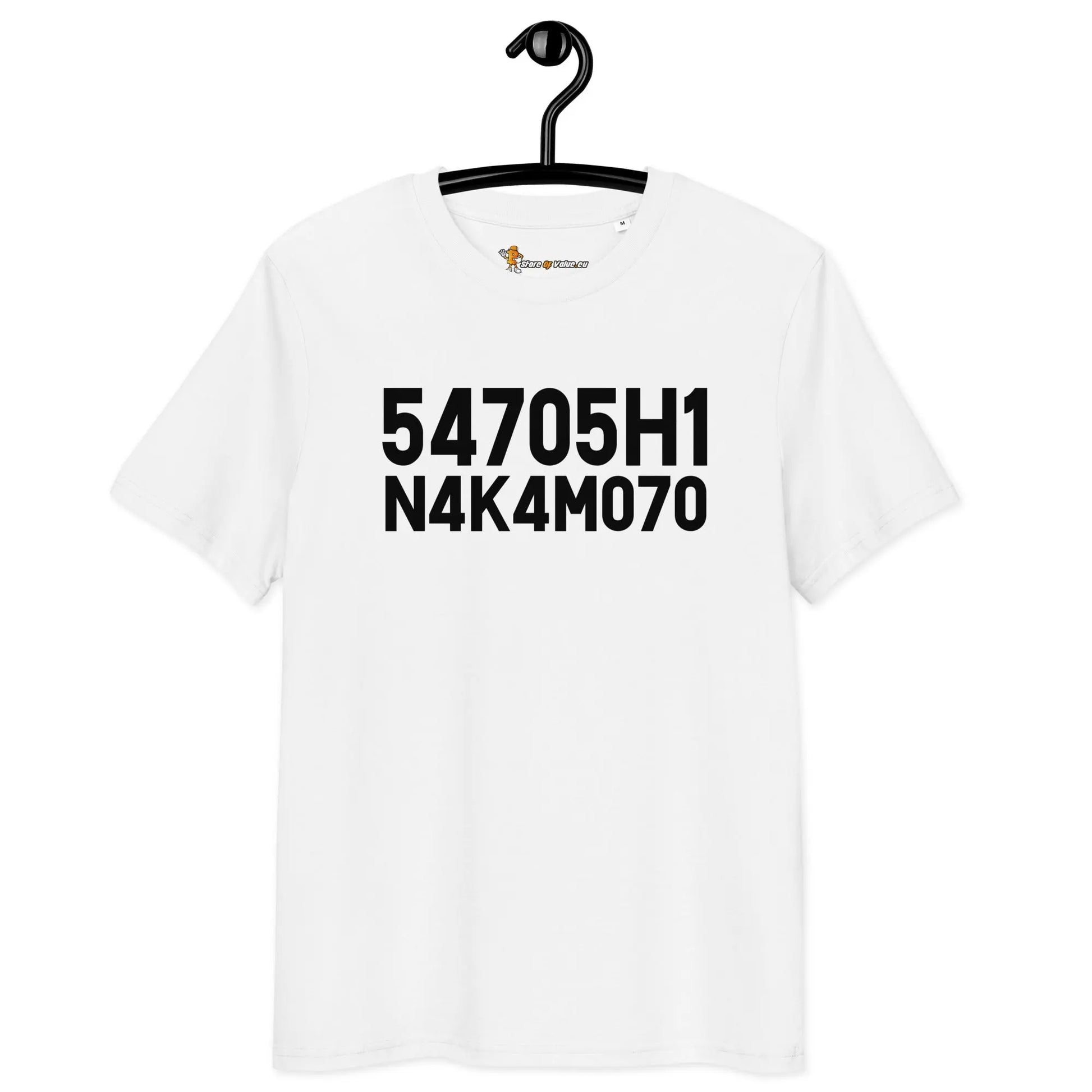 Bitcoin T-Shirt – Satoshi Nakamoto - on hanger - white 
