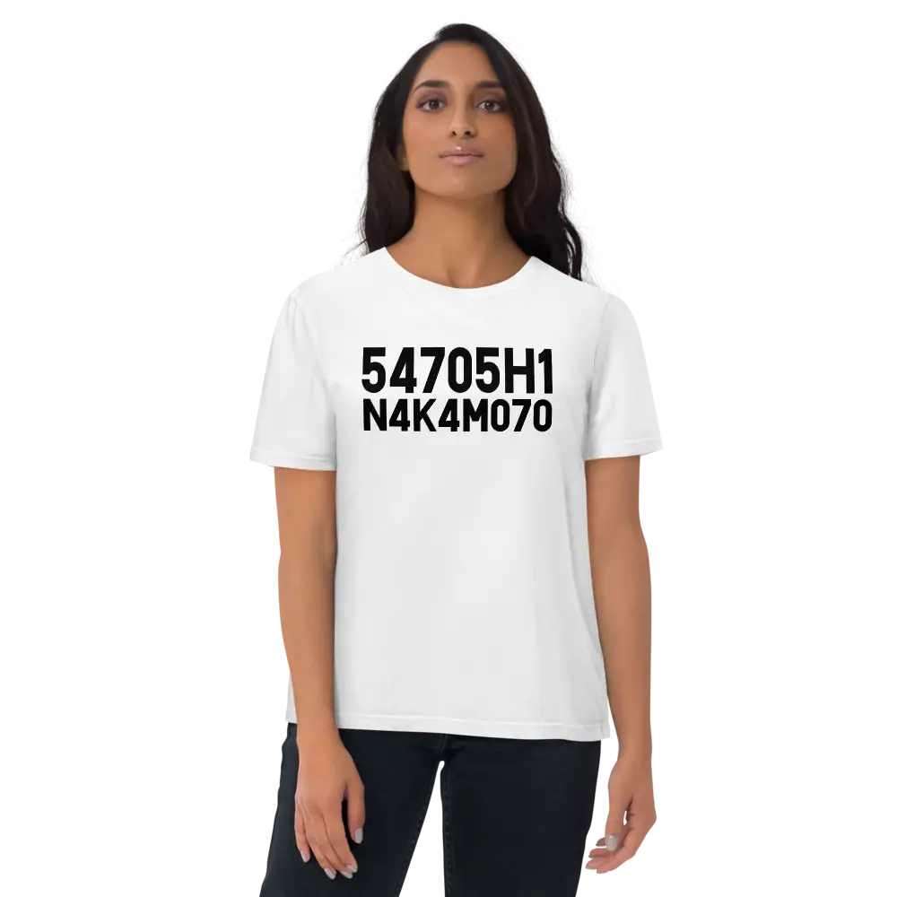 Bitcoin T-Shirt – Satoshi Nakamoto - worn on female model - standing - white
