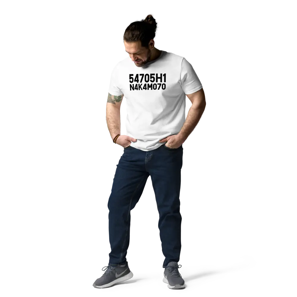 Bitcoin T-Shirt – Satoshi Nakamoto - worn on model - male - standing - white color