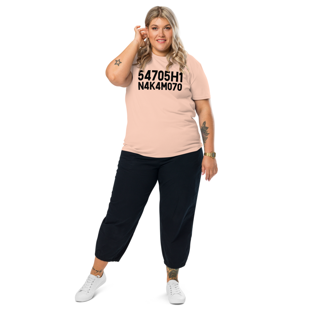 Bitcoin T-Shirt – Satoshi Nakamoto - on standing female model - pink