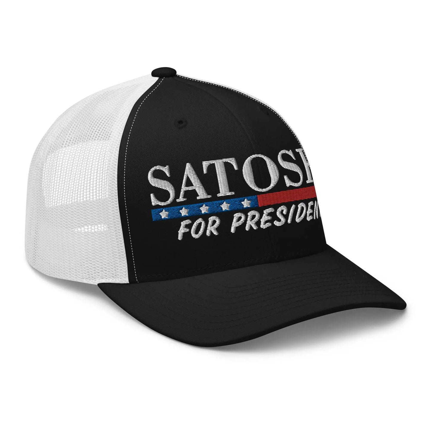 bitcoin trucker hat satoshi for president design angled black and white