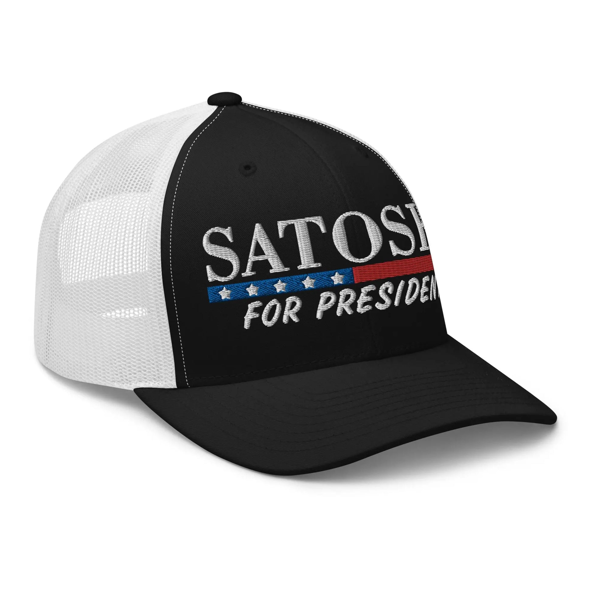 bitcoin trucker hat satoshi for president design angled black and white