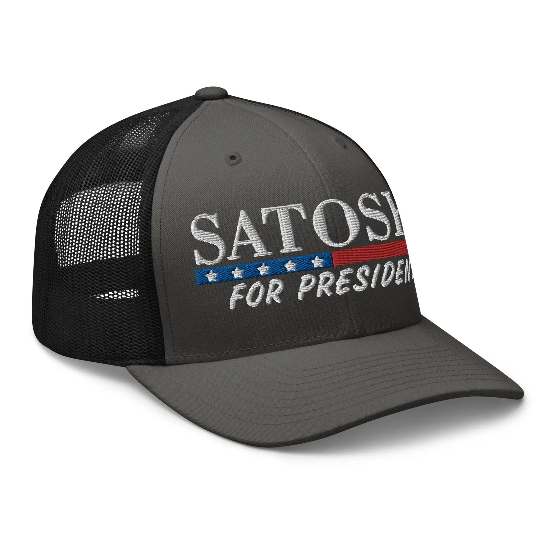 bitcoin trucker hat satoshi for president design angled charcoal and black