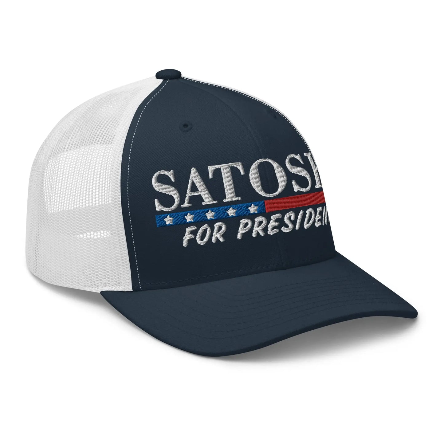 bitcoin trucker hat satoshi for president design angled navy and white