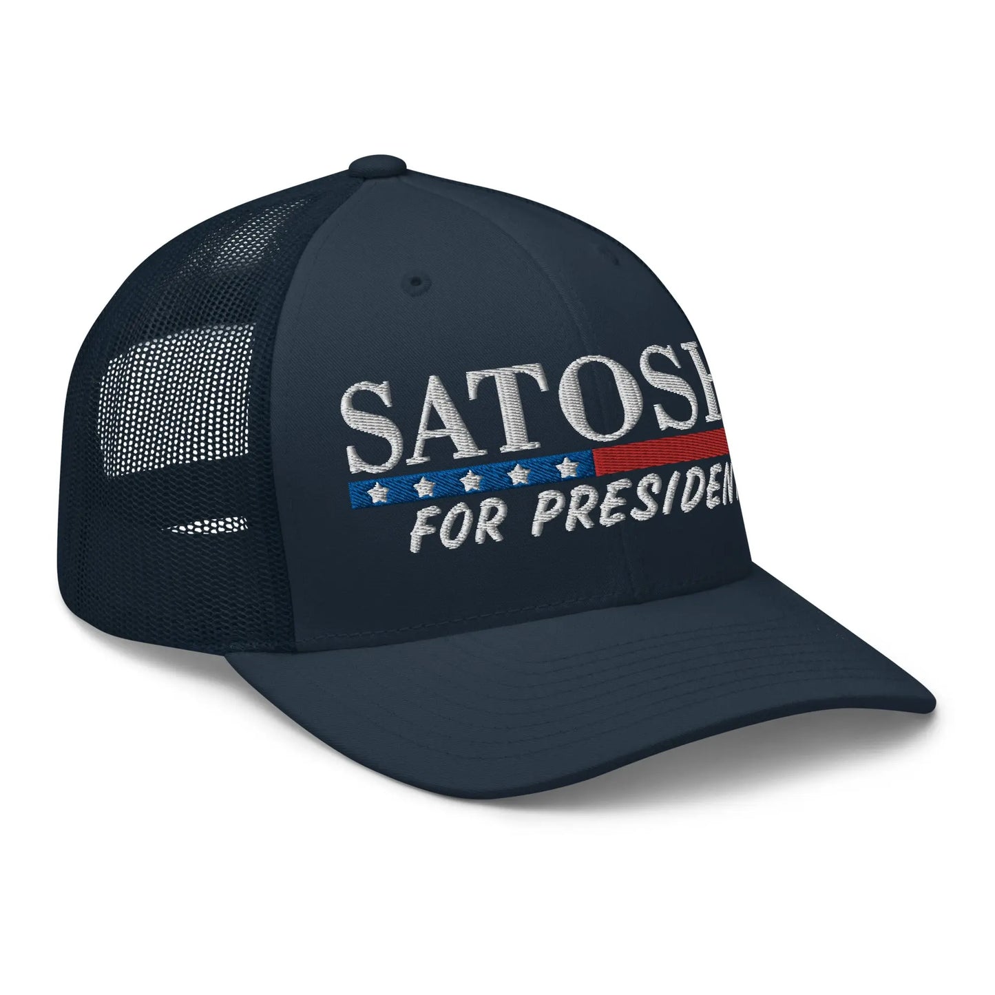 bitcoin trucker hat satoshi for president design angled navy