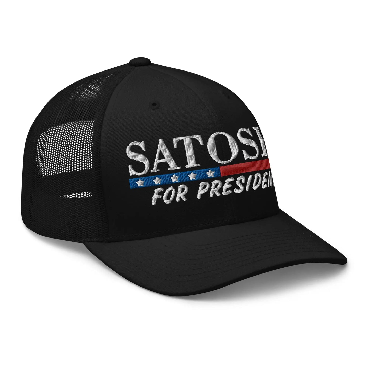 bitcoin trucker hat satoshi for president design angled