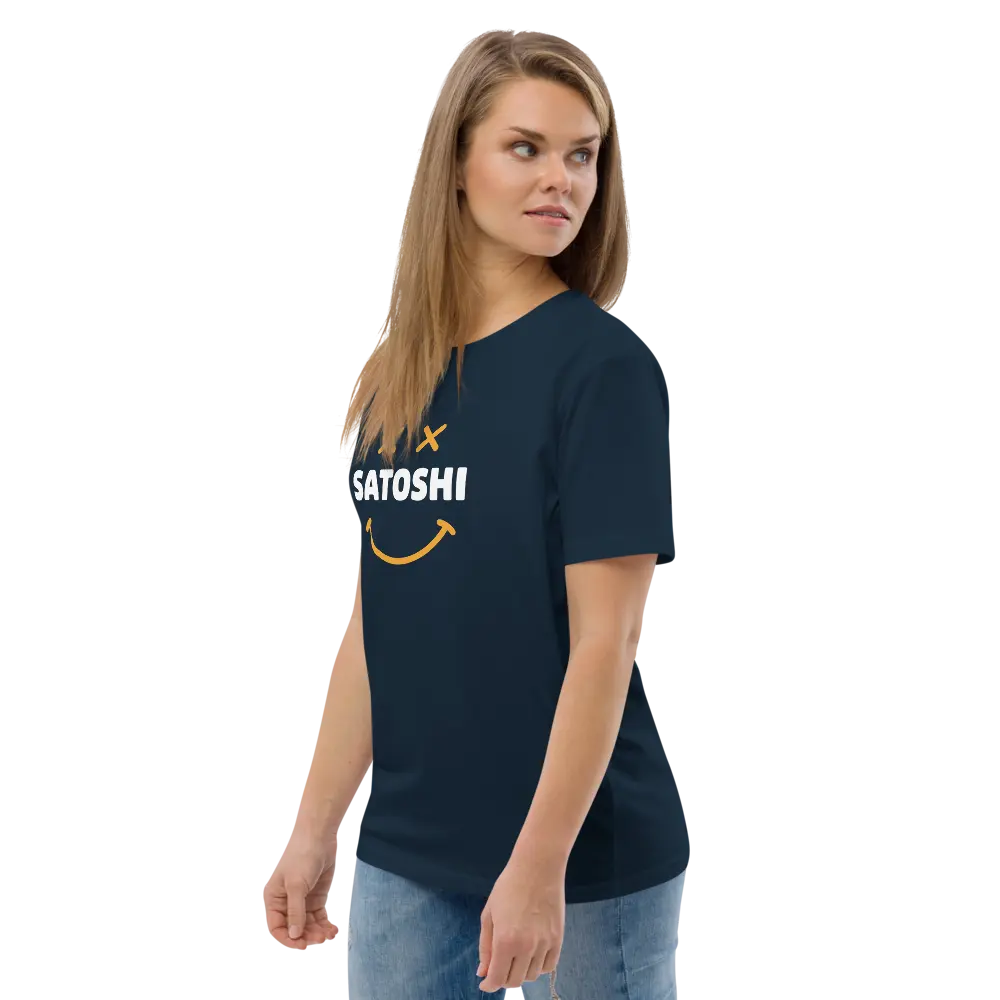Bitcoin T-Shirt – Satoshi Smiley - worn on female model - navy blue - side view