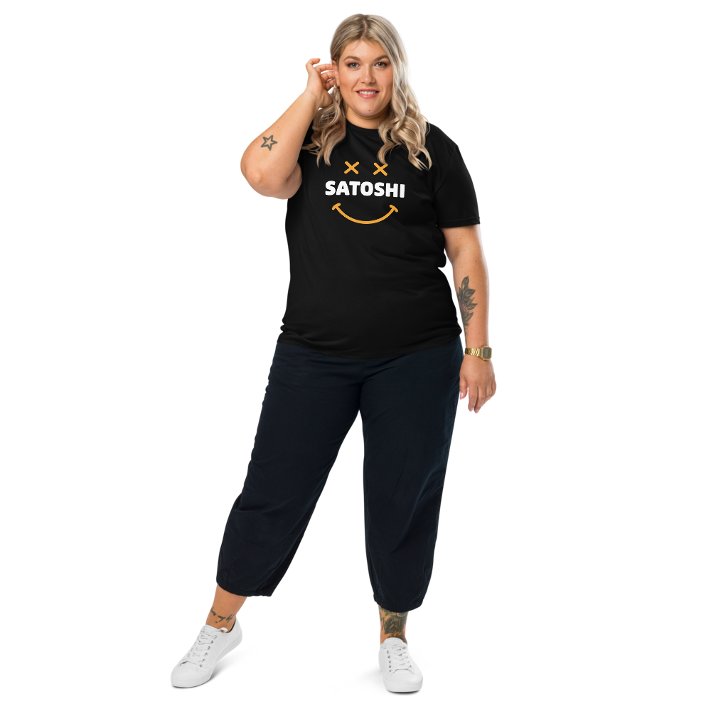 Bitcoin T-Shirt – Satoshi Smiley - worn on smiling female model - black