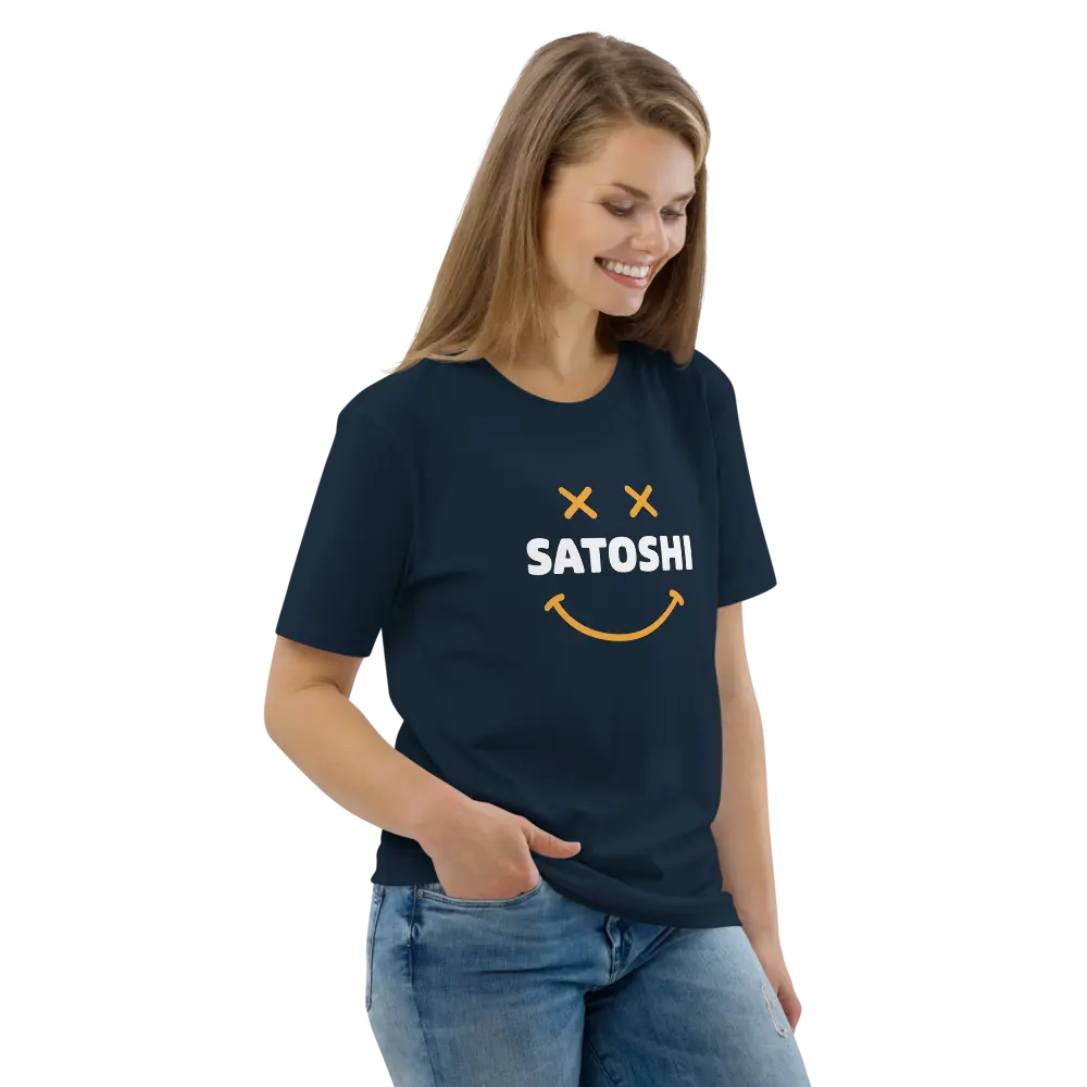 Bitcoin T-Shirt – Satoshi Smiley - worn on smiling female model - blue