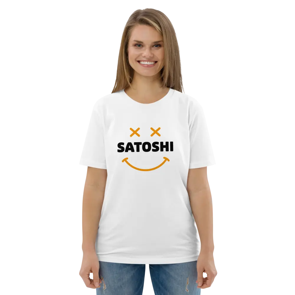 Bitcoin T-Shirt – Satoshi Smiley - worn on female model - smile - white