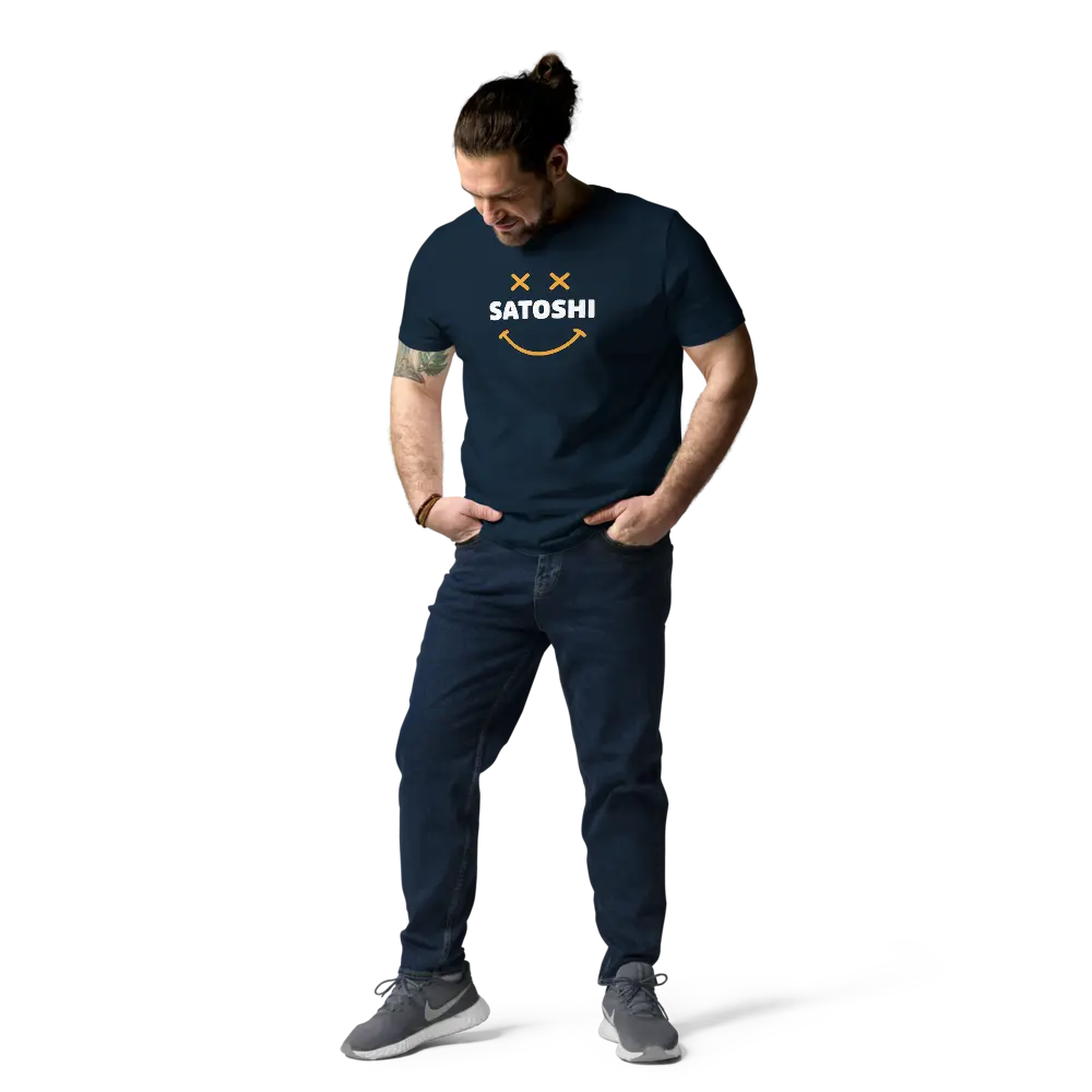 Bitcoin T-Shirt – Satoshi Smiley- worn on male model - navy blue