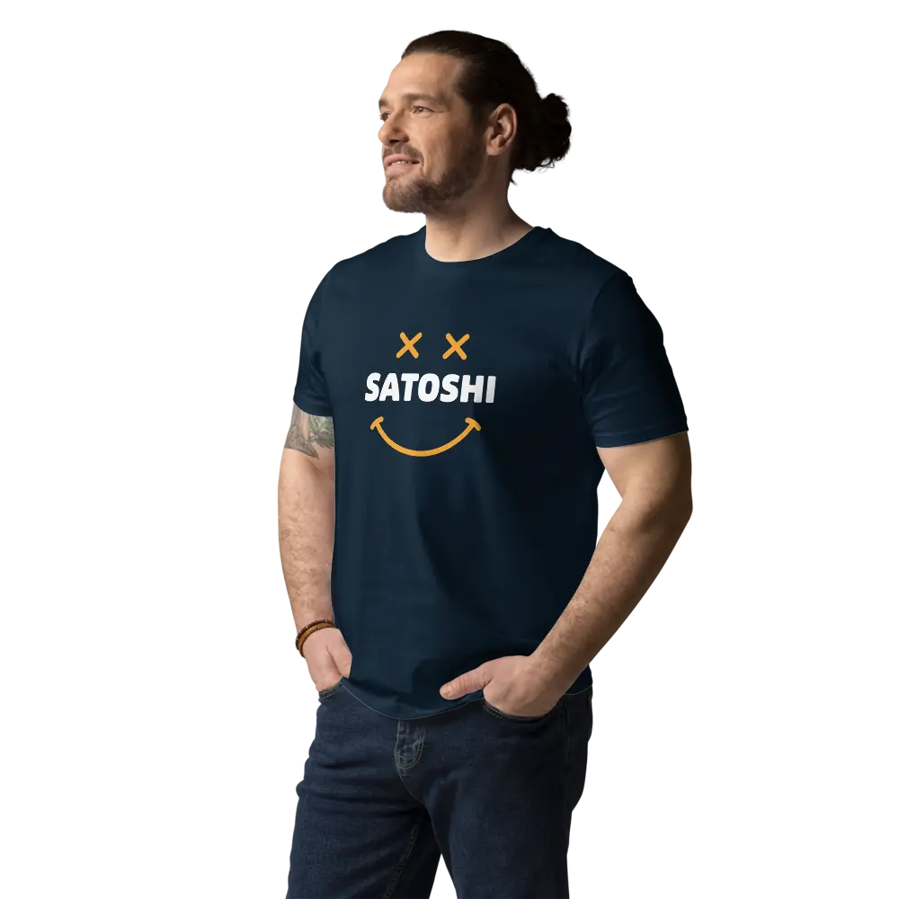 Bitcoin T-Shirt – Satoshi Smiley - worn on relaxed standing male model - navy blue