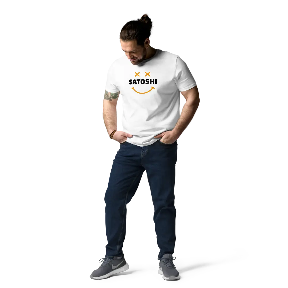 Bitcoin T-Shirt – Satoshi Smiley - worn on model - white