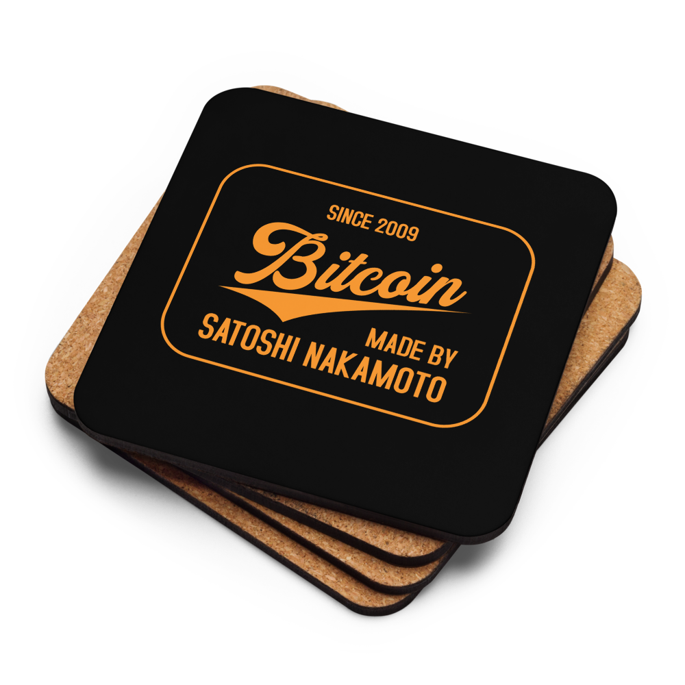Bitcoin Since 2009 Bitcoin coaster stack — cork backs + one face up