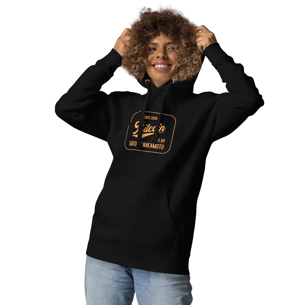 bitcoin hoodie - bitcoin since 2009 - worn by model