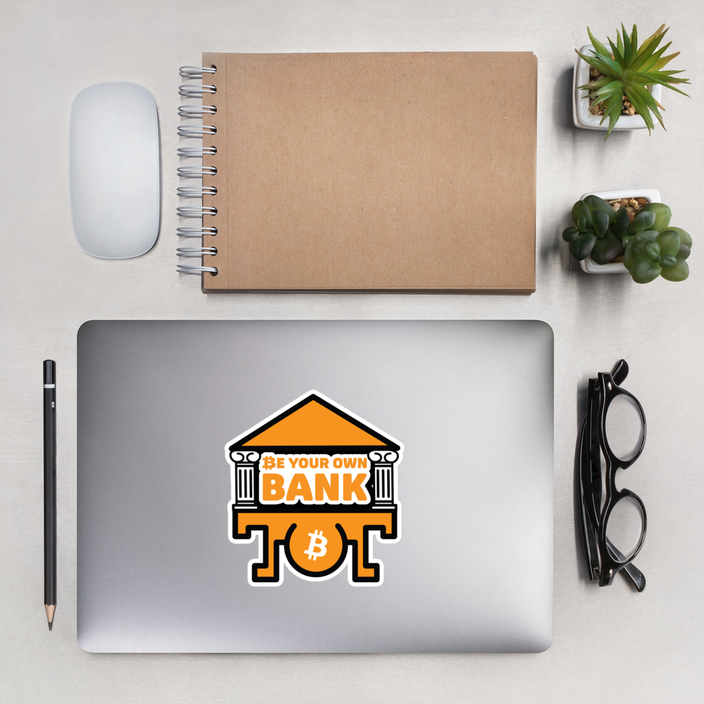 bitcoin sticker - be your own bank - applied on laptop