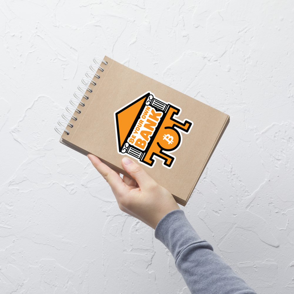 bitcoin sticker - be your own bank - applied on notebook