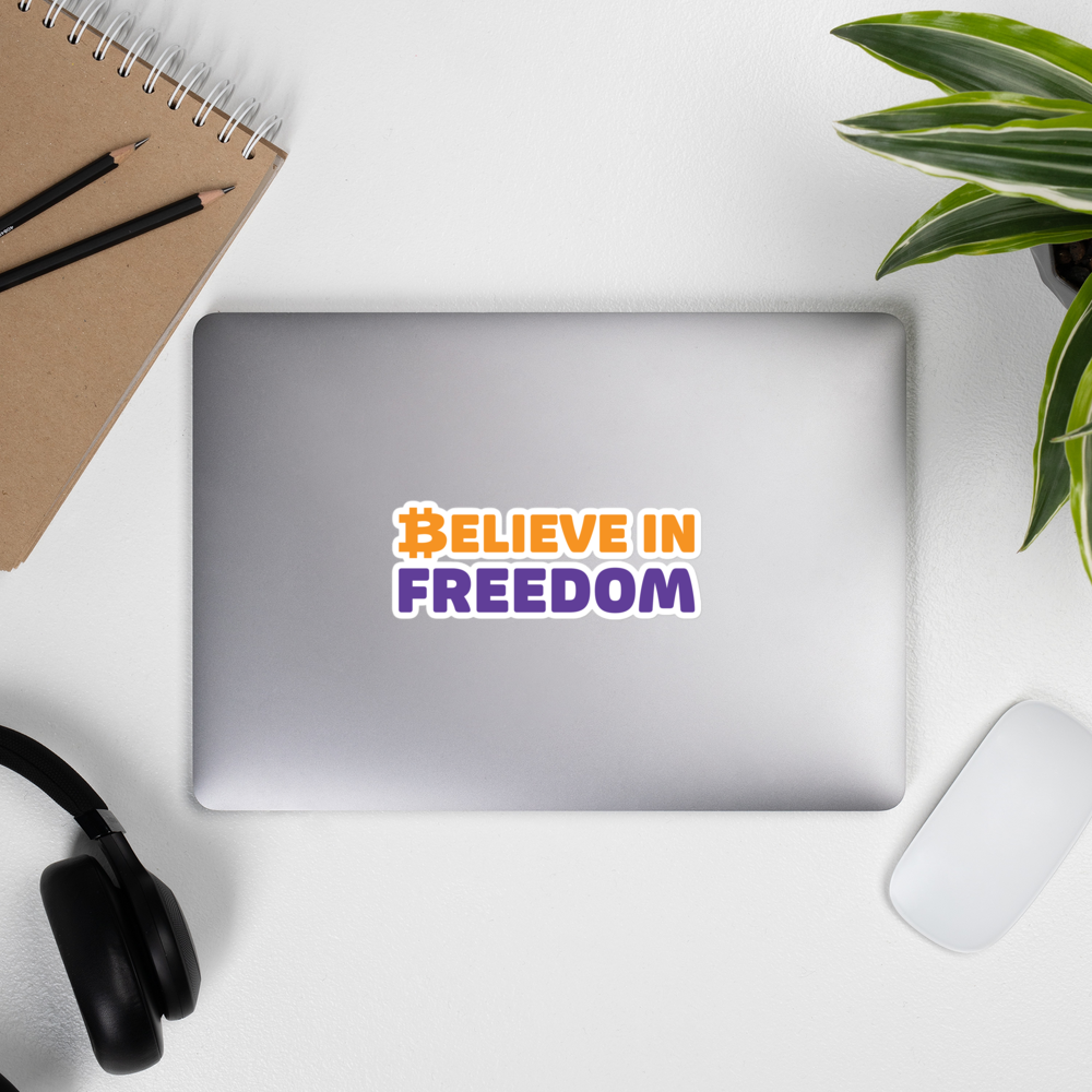 bitcoin sticker - believe in freedom - applied on laptop