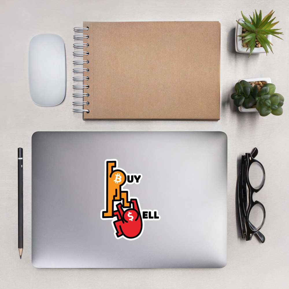 bitcoin sticker - buy sell - applied on laptop in office