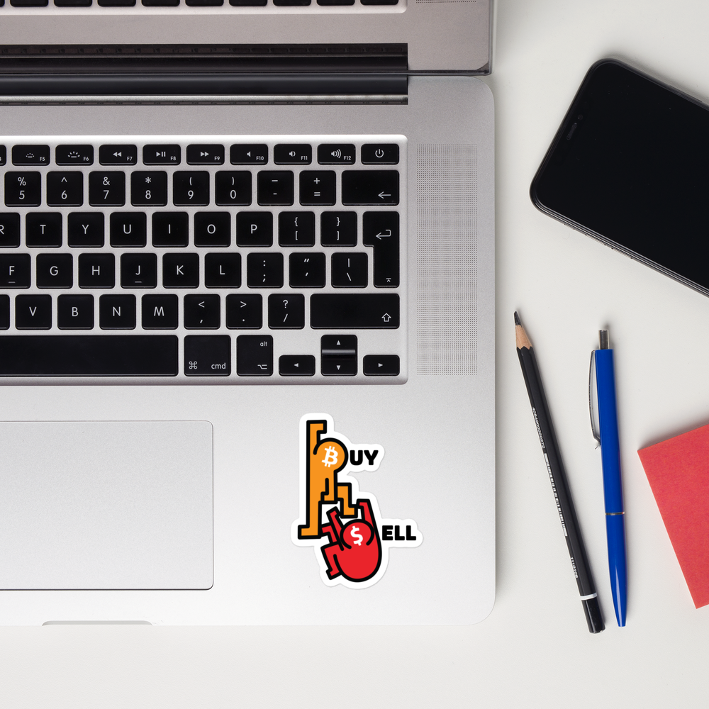 bitcoin sticker - buy sell - applied on laptop