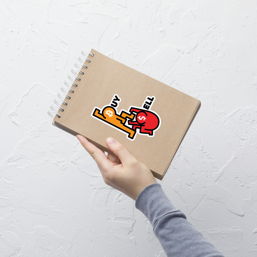 bitcoin sticker - buy sell - applied on notebook