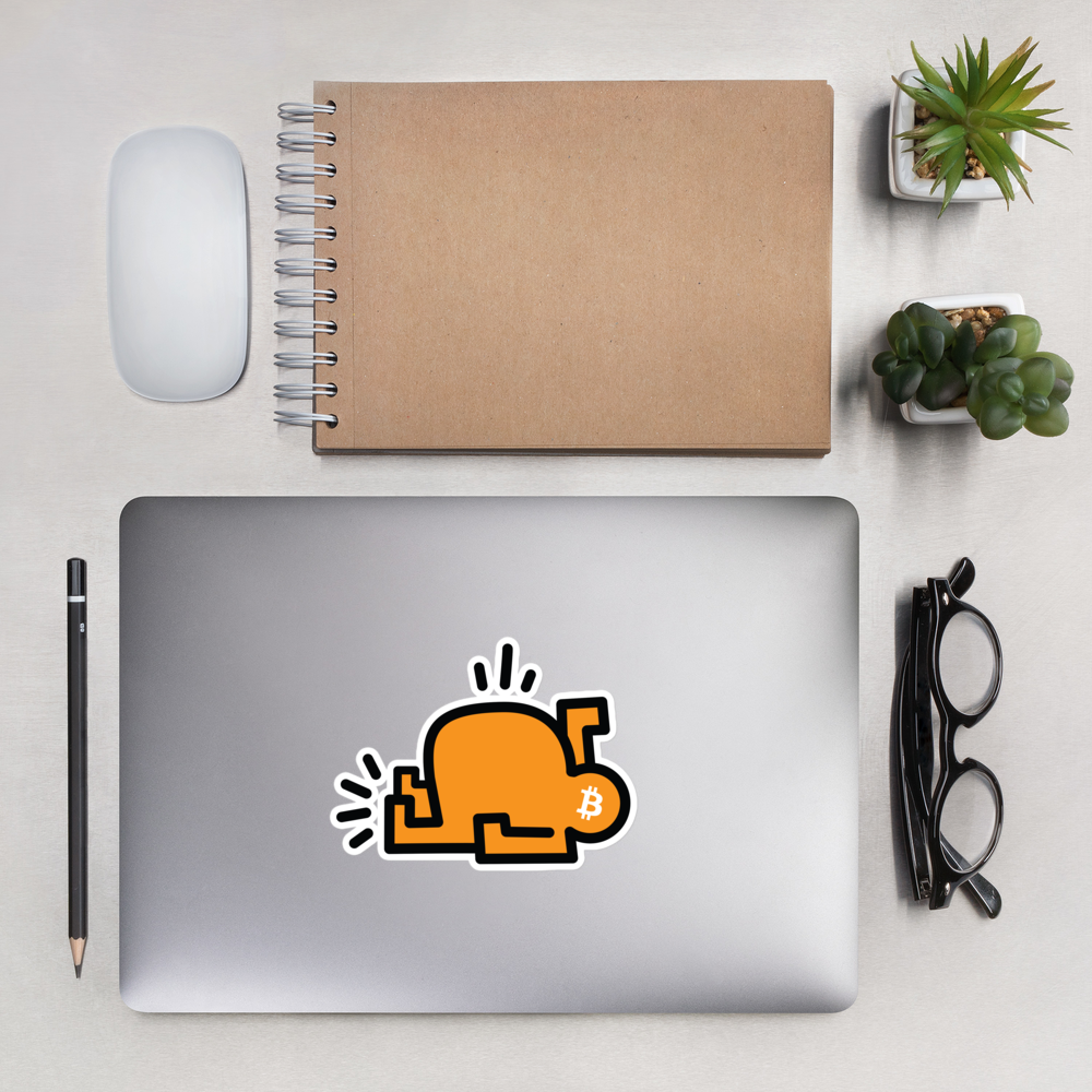 bitcoin sticker - fatpop - applied on laptop in office