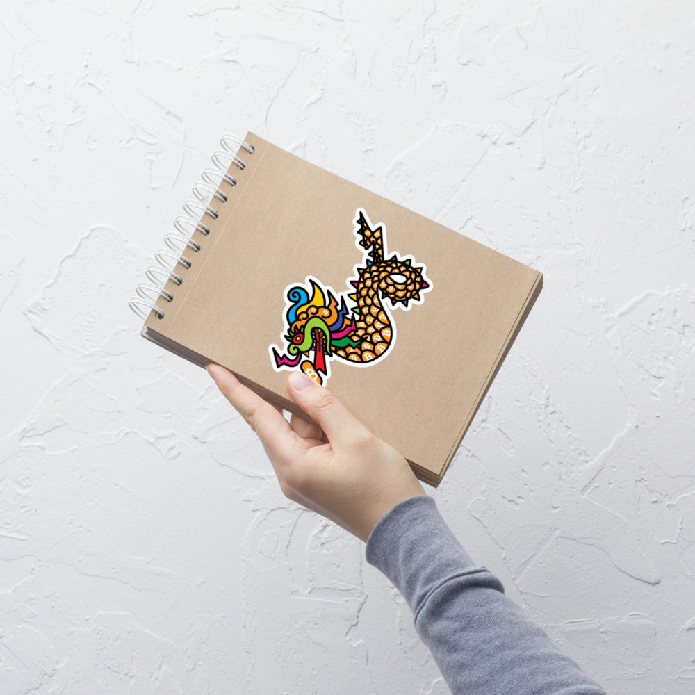 bitcoin sticker - orange-pill dragon - applied on notebook