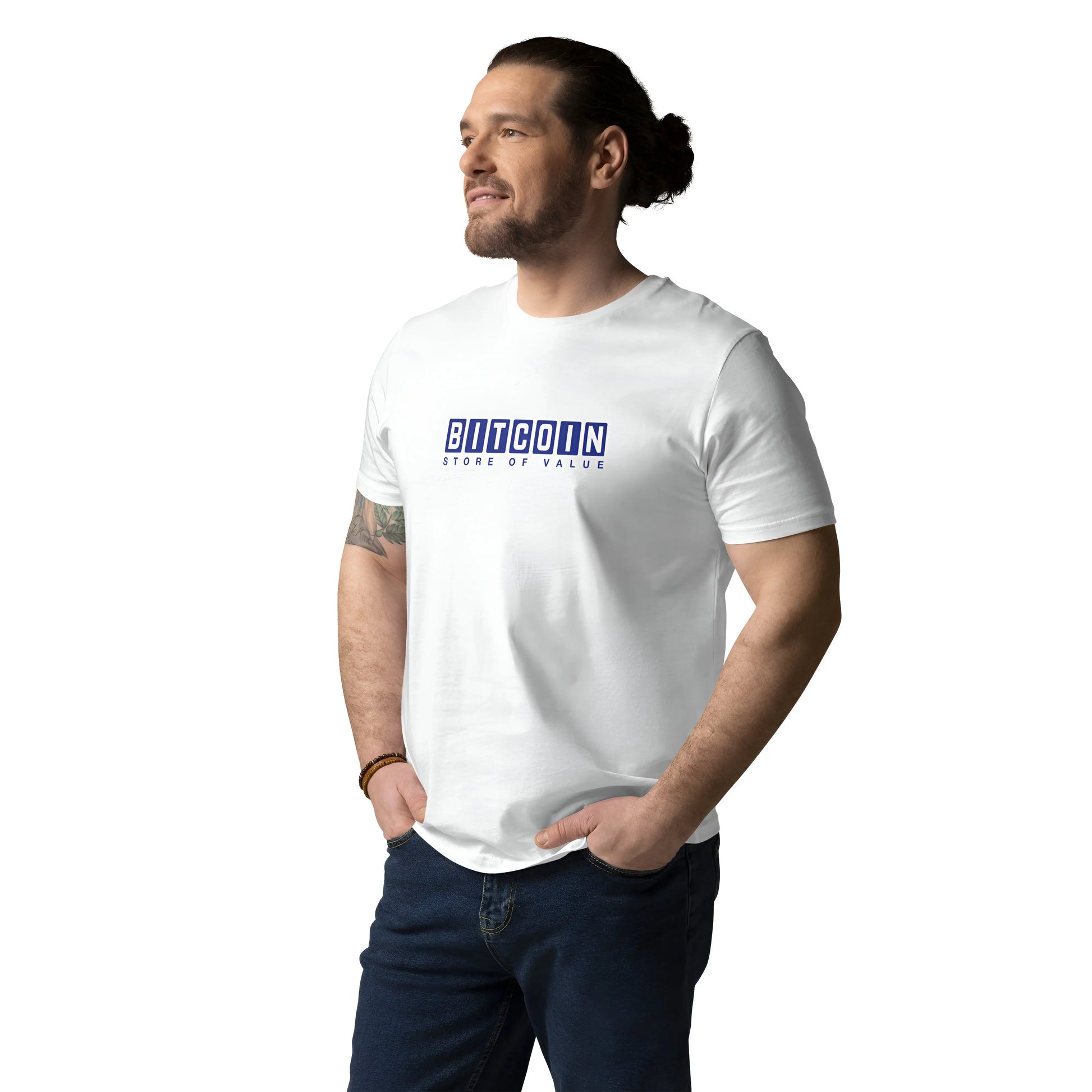 bitcoin t-shirt - bitcoin store of value - worn on male model - white