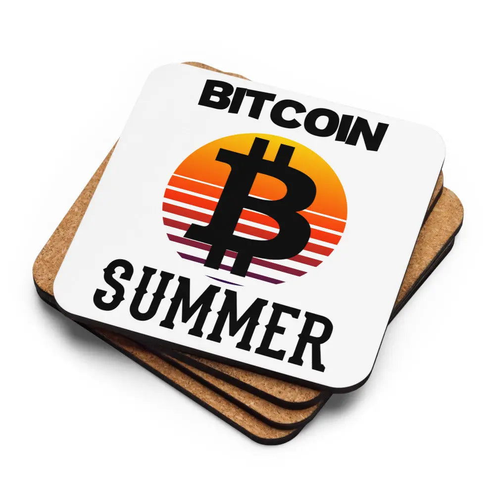 Stack of Bitcoin Summer coasters showing cork backing