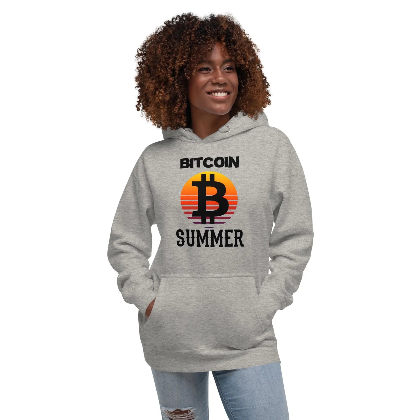 bitcoin hoodie - bitcoin summer - worn on female model 