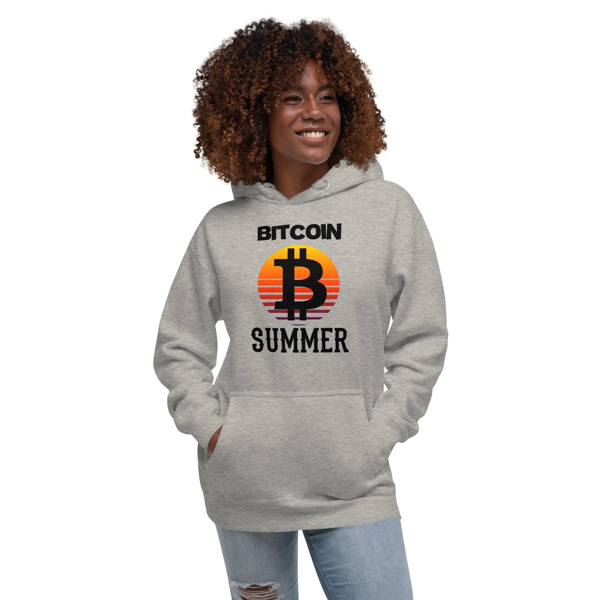 bitcoin hoodie - bitcoin summer - worn on female model 