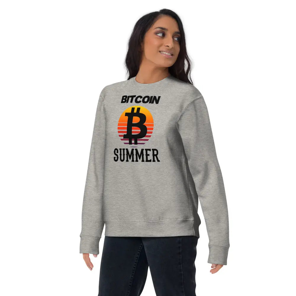 bitcoin sweatshirt - bitcoin summer - front view - worn by female - grey