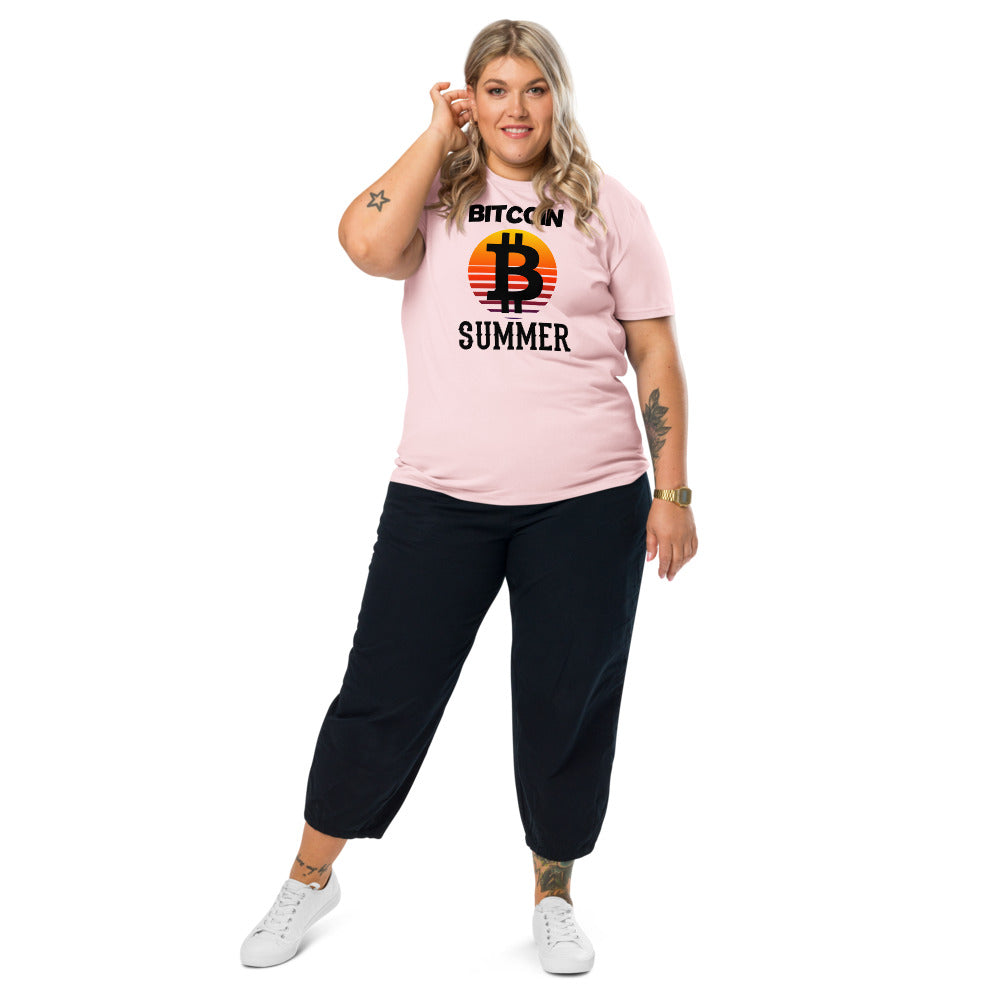 bitcoin t-shirt bitcoin summer on female model - pink