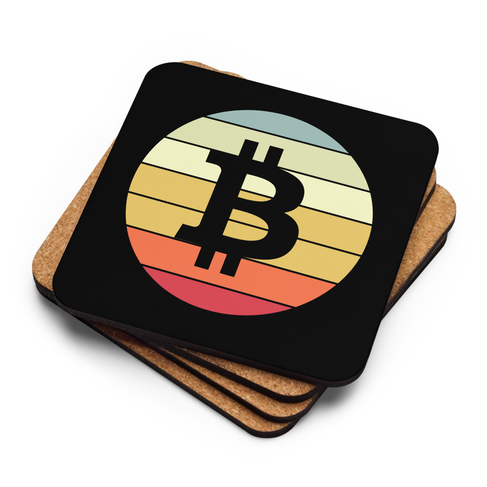 Stack of Bitcoin Sunset coasters showing cork backing and printed surface
