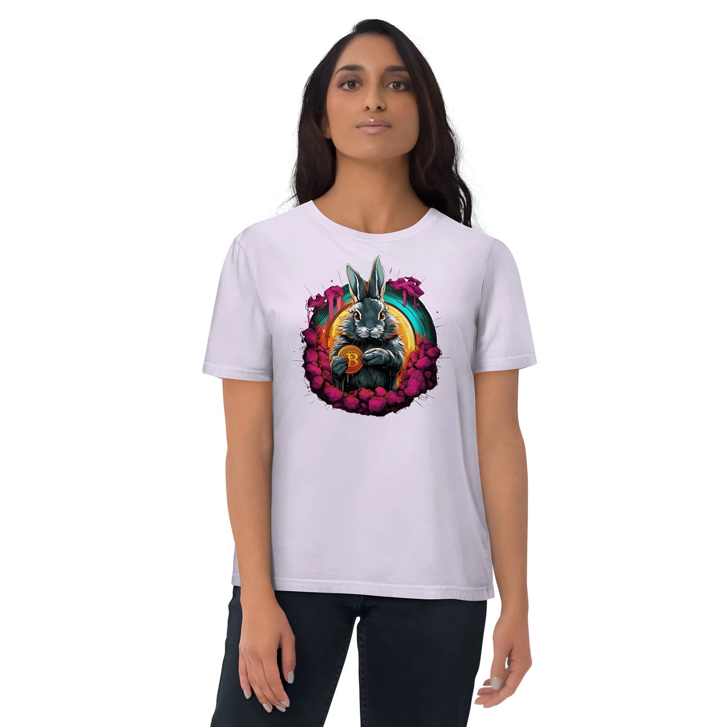 bitcoin-rabbit-hole-bitcoin-tshirt-worn on model - purple