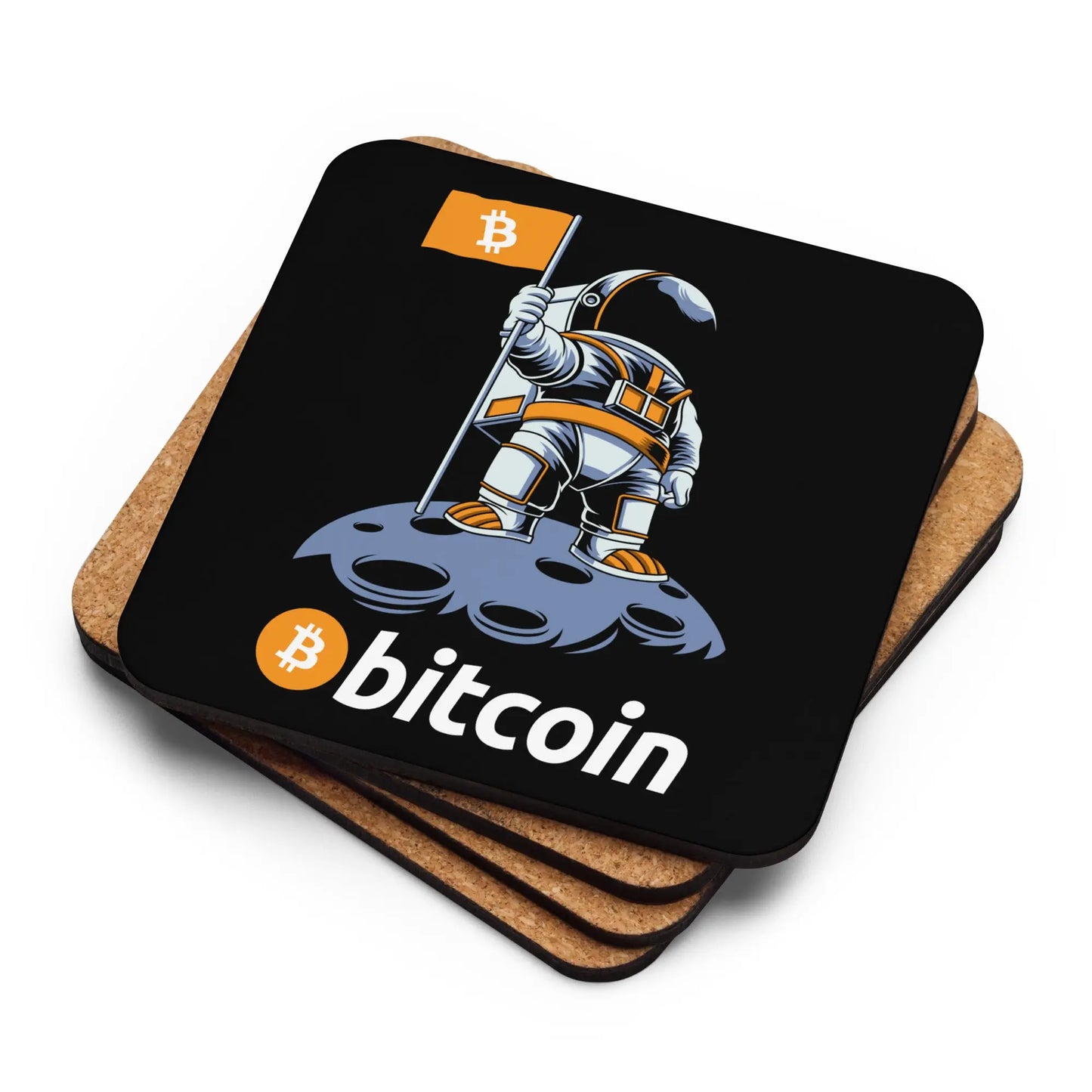 Stack of Bitcoin to the Moon coasters showing cork backing