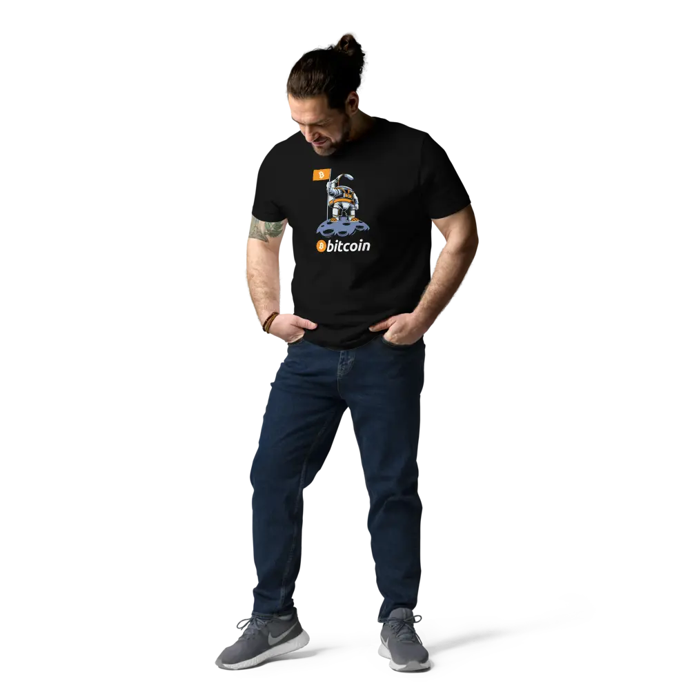 Bitcoin T-Shirt – Bitcoin To The Moon -worn on standing male model - black