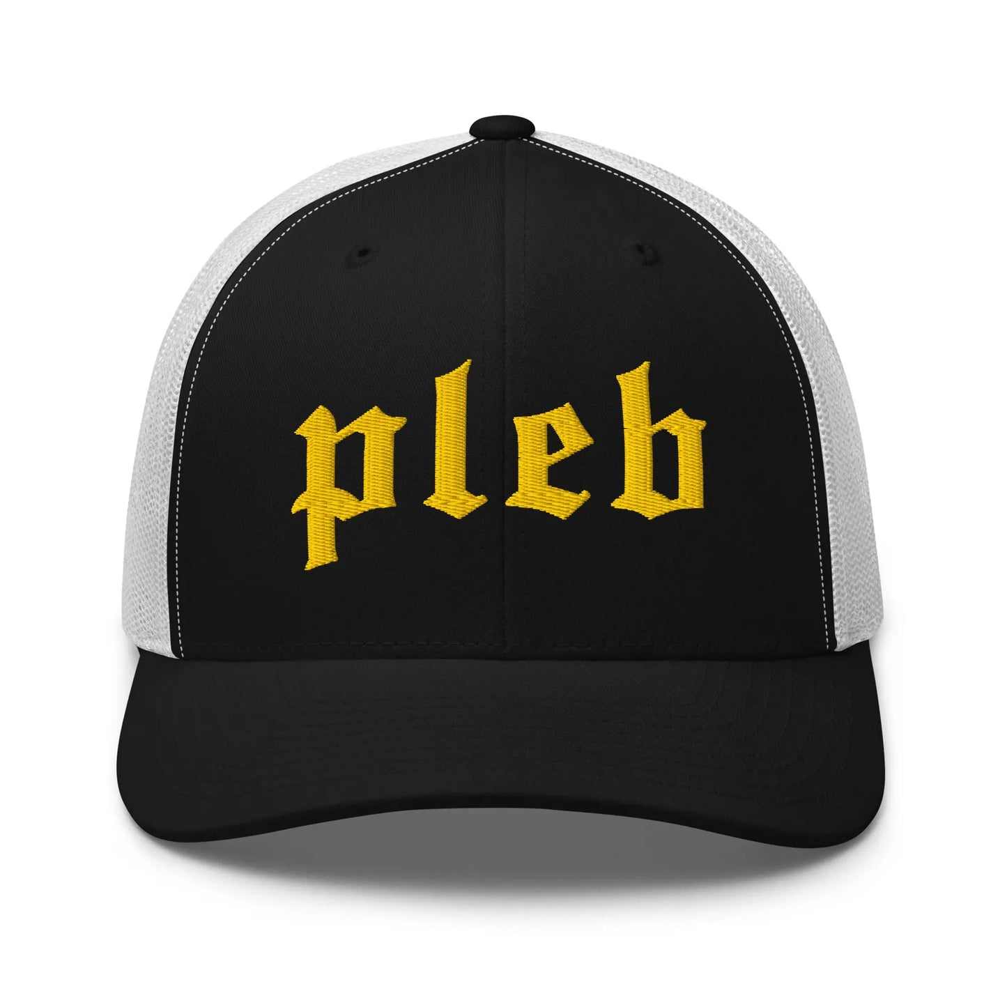 bitcoin trucker hat pleb logo front view black and white