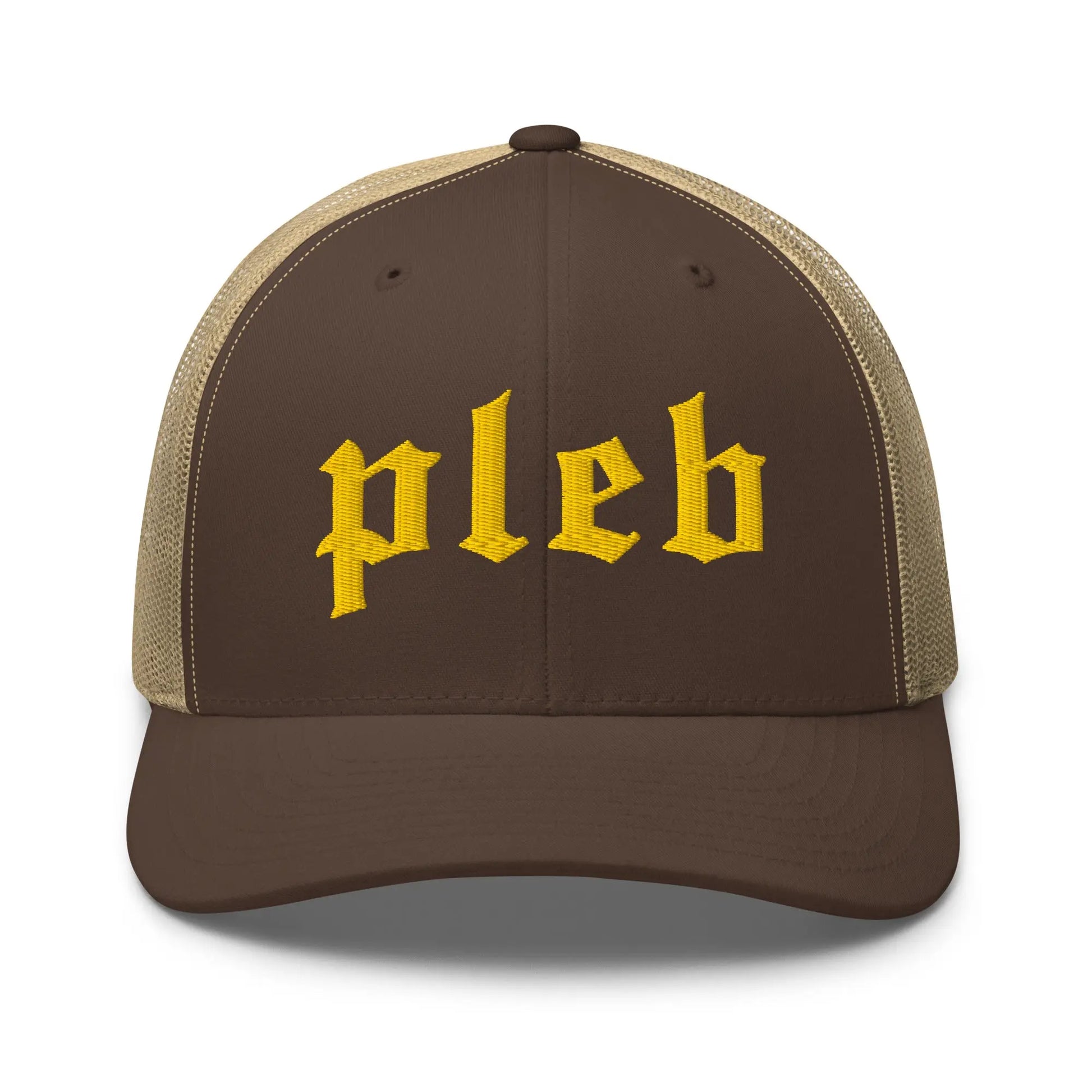 bitcoin trucker hat pleb logo front view brown and khaki