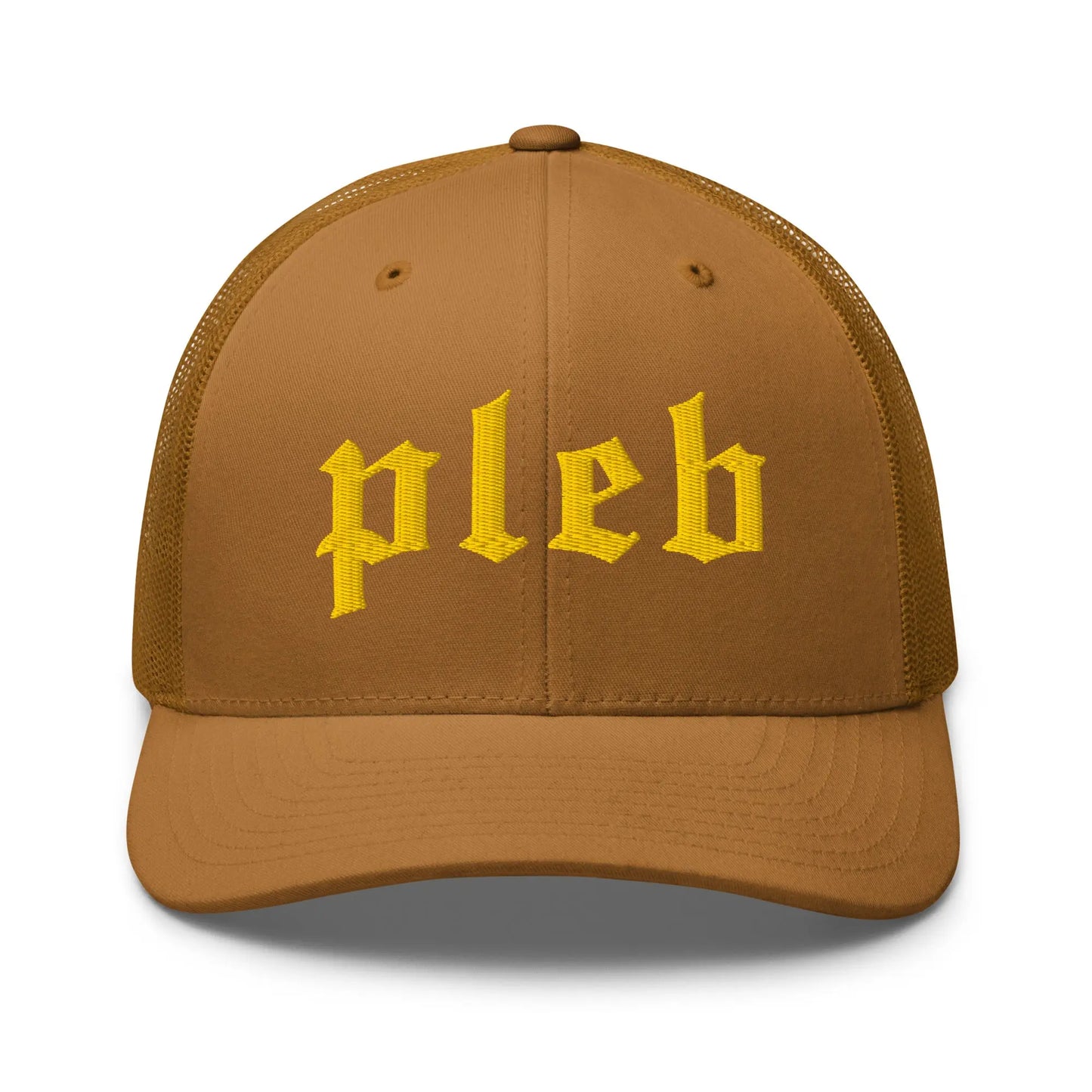 bitcoin trucker hat pleb logo front view caramel