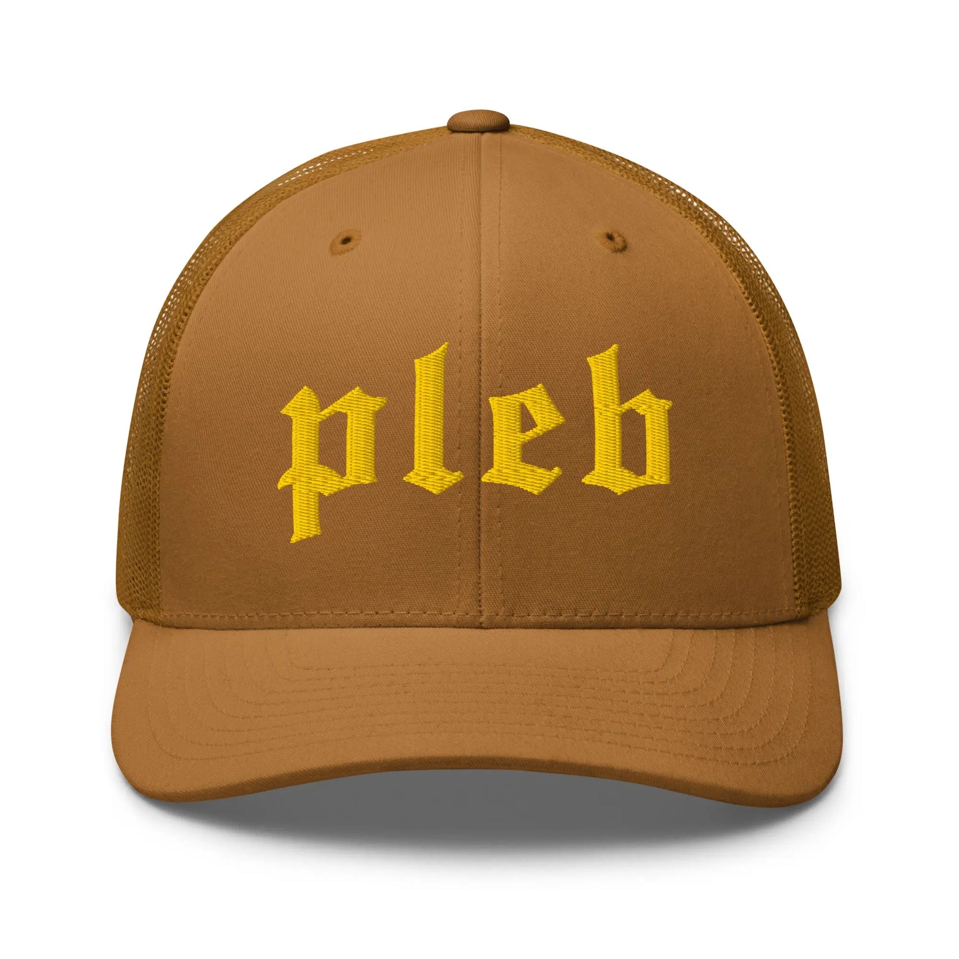 bitcoin trucker hat pleb logo front view caramel