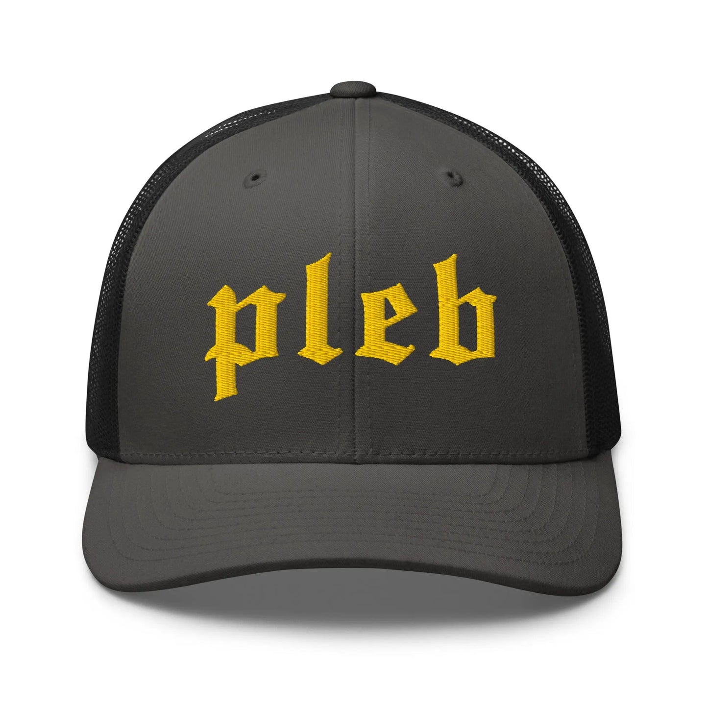 bitcoin trucker hat pleb logo front view charcoal and black