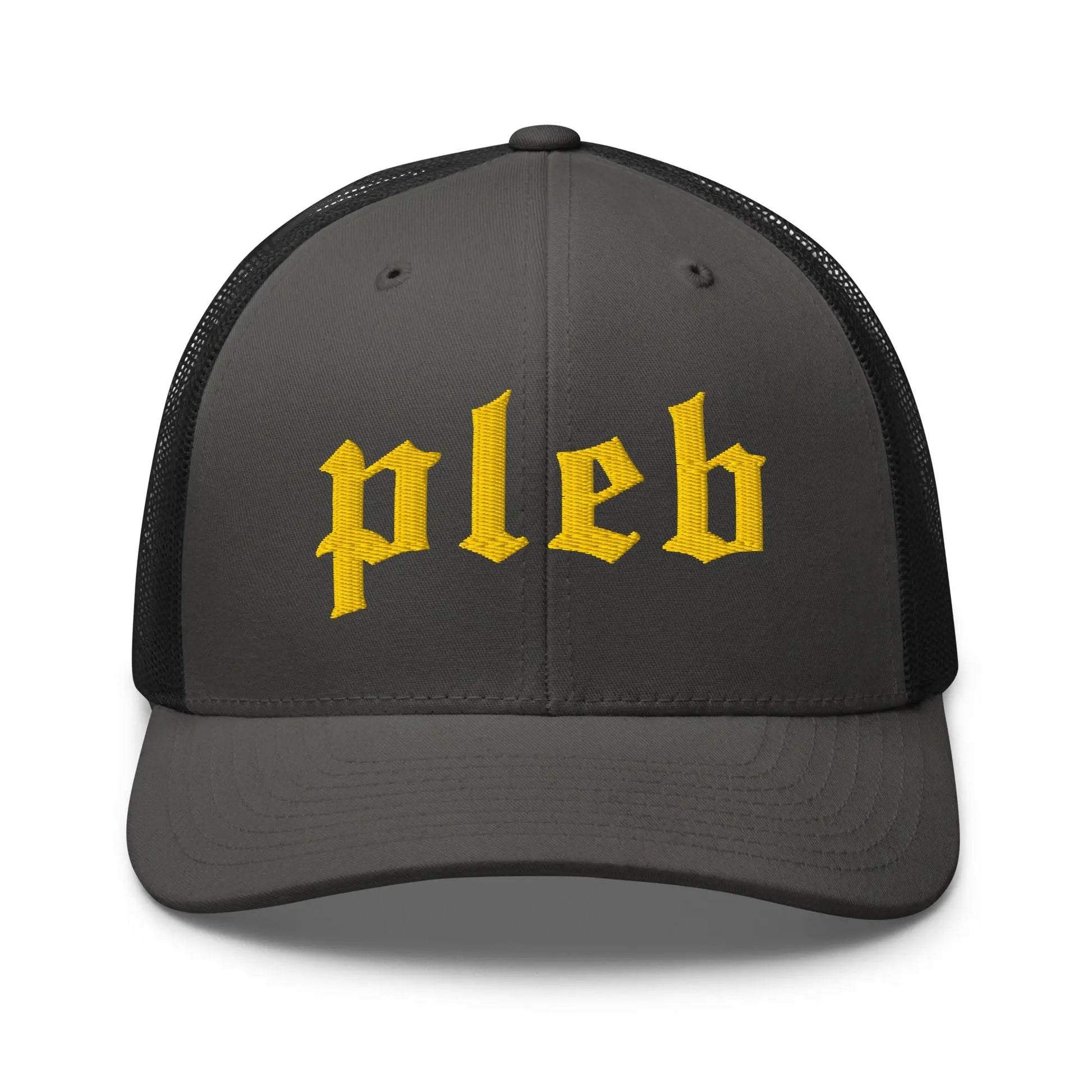 bitcoin trucker hat pleb logo front view charcoal and black