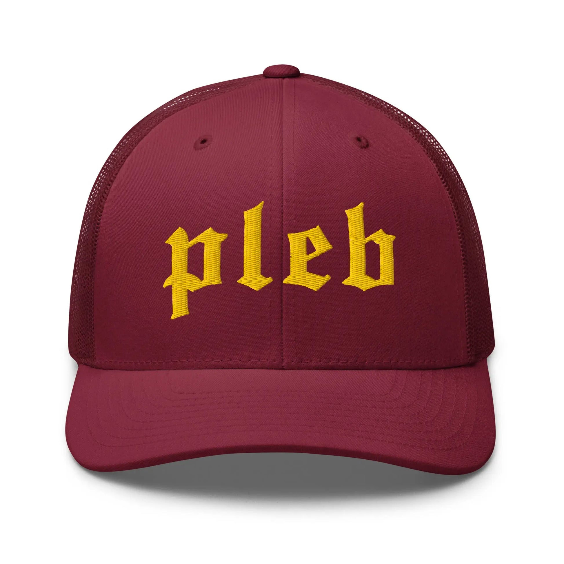 bitcoin trucker hat pleb logo front view cranberry