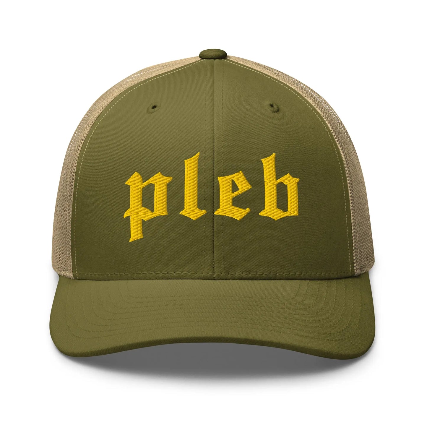 bitcoin trucker hat pleb logo front view moss and khaki