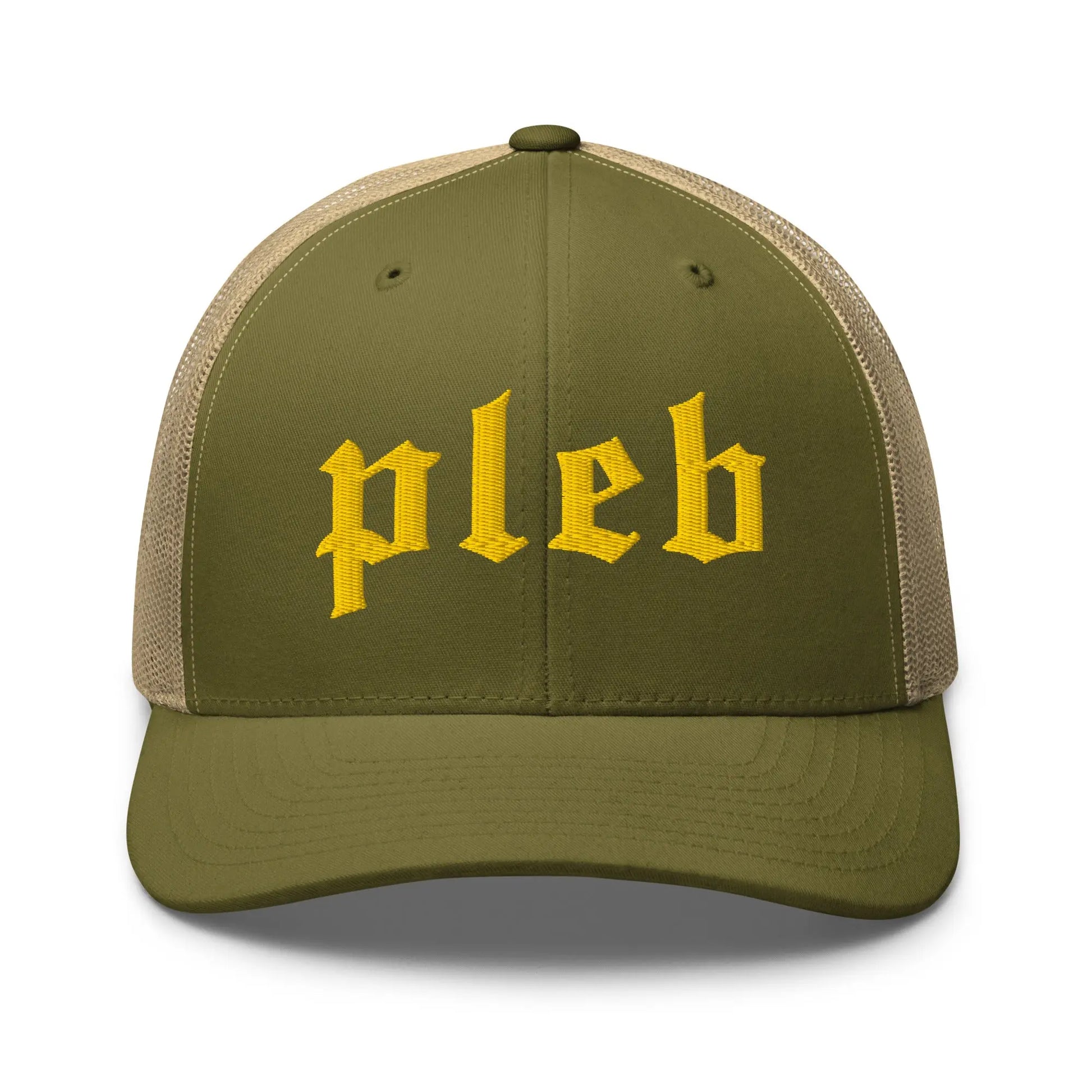 bitcoin trucker hat pleb logo front view moss and khaki