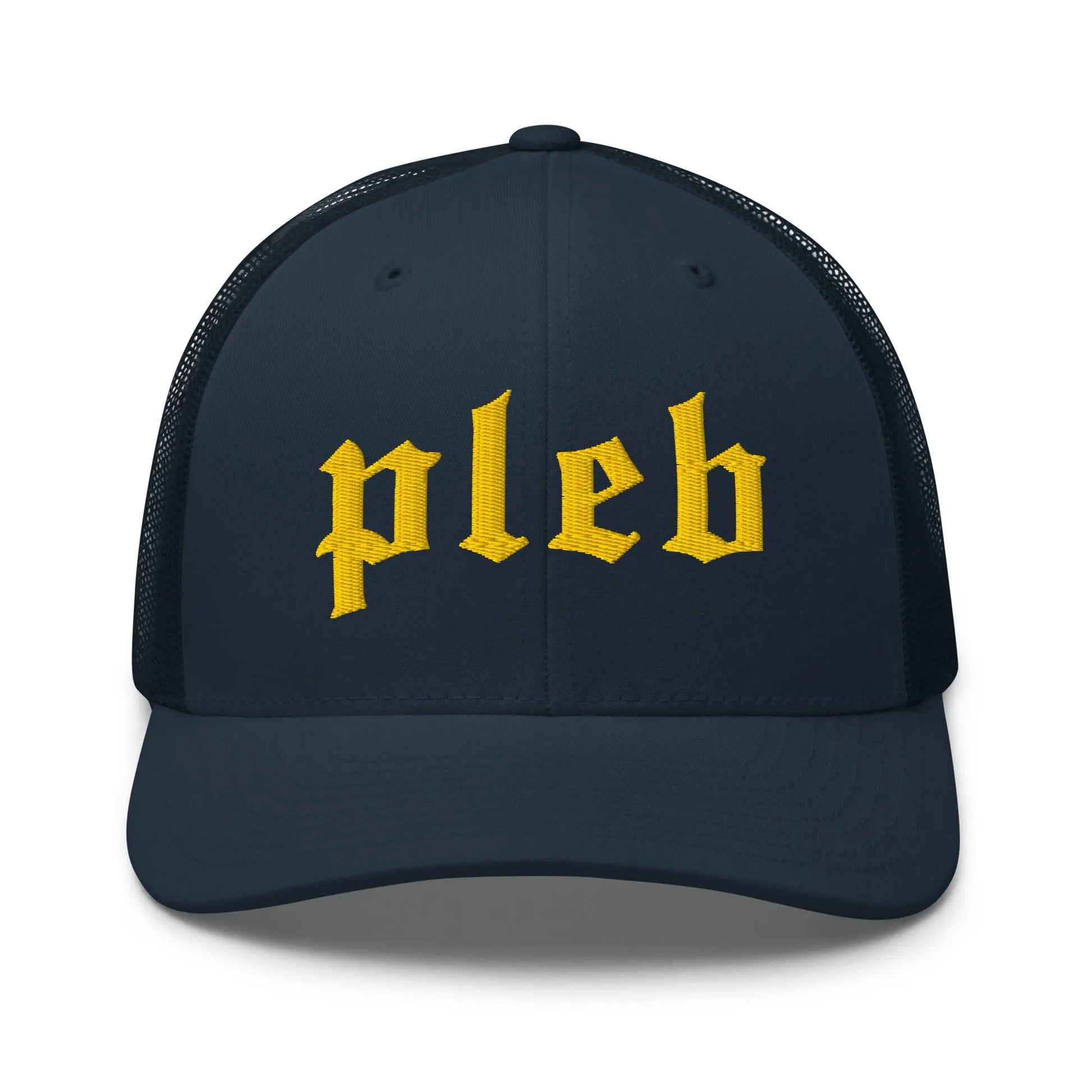 bitcoin trucker hat pleb logo front view navy