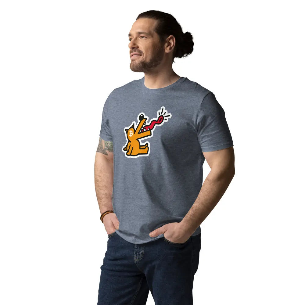 Bitcoin T-Shirt – Woof - worn on male model - blue 
