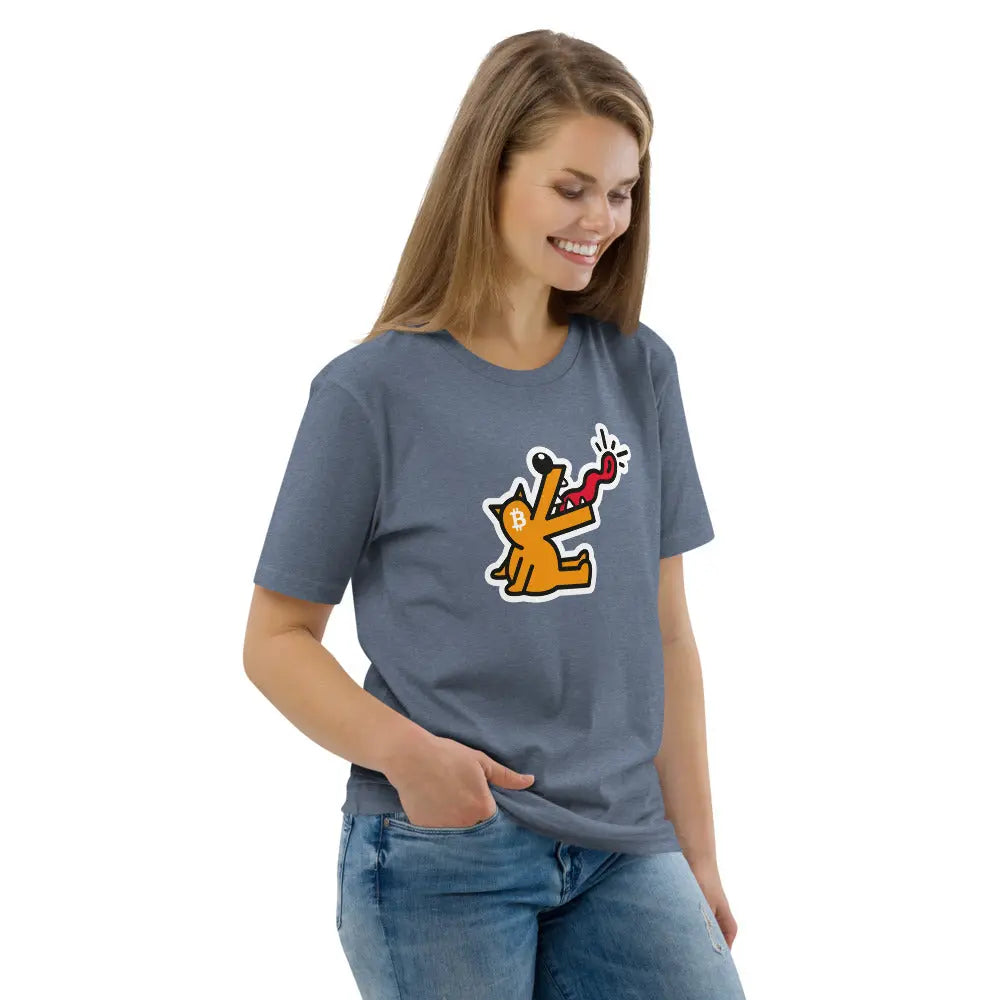 Bitcoin T-Shirt – Woof - worn on female model - blue 
